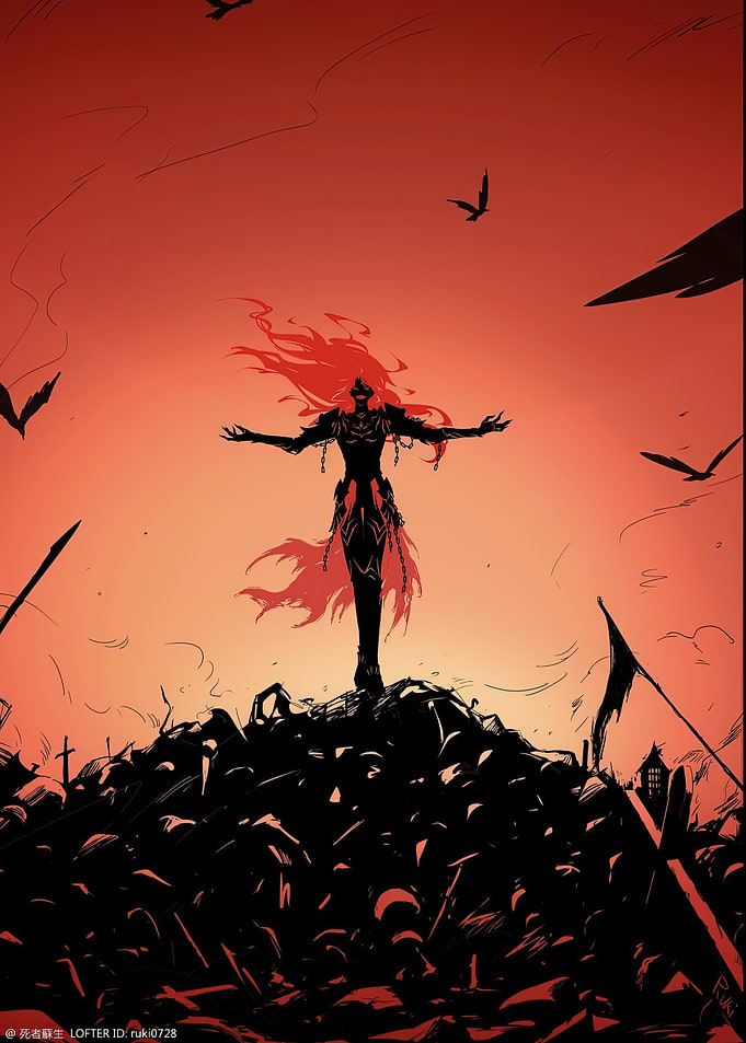 Warrior Standing on Battlefield Silhouette
