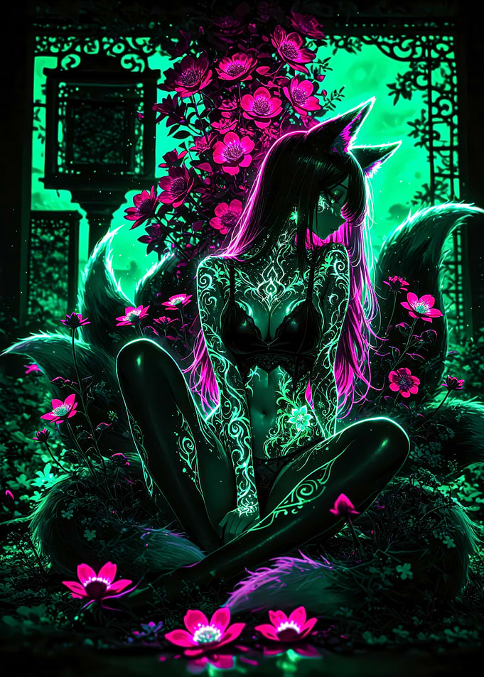Neon Kitsune Girl in Floral Garden