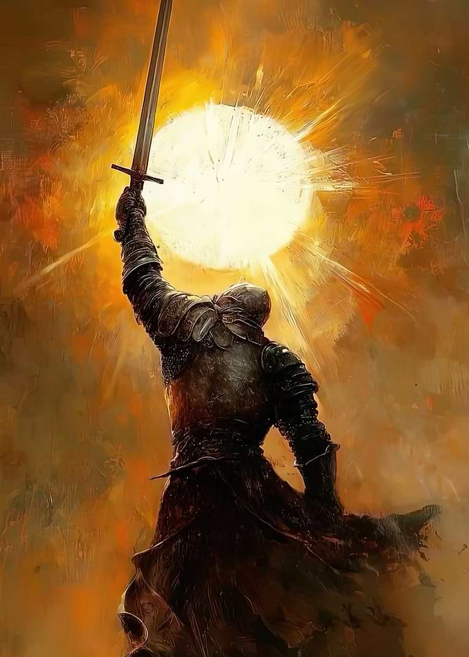 Knight Raising Sword to Sun