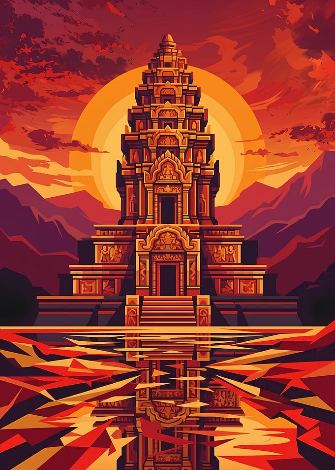 Angkor Wat Temple Sunset Illustration