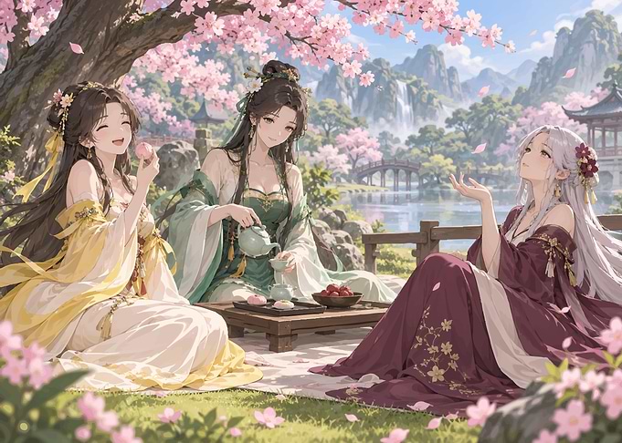 Three Women Having Tea Under Cherry Blossoms