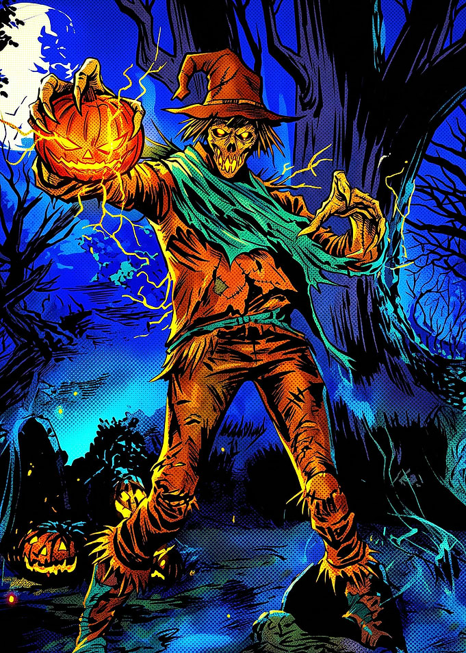 Scarecrow Holding Glowing Jack-o'-lantern