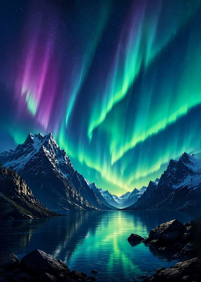 Aurora Borealis Over Mountain Lake