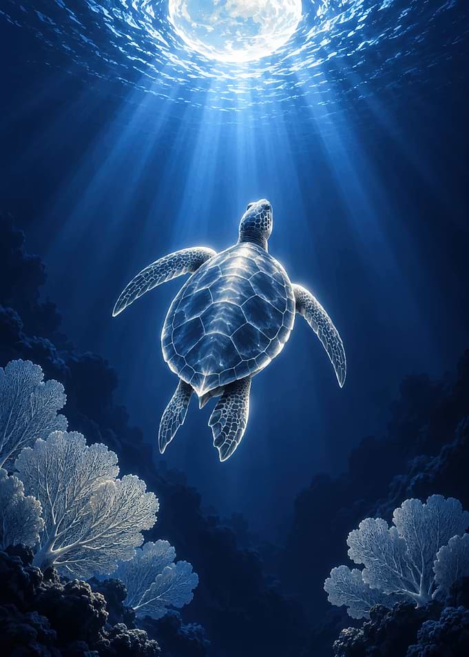 Sea Turtle Swimming Toward Moonlight