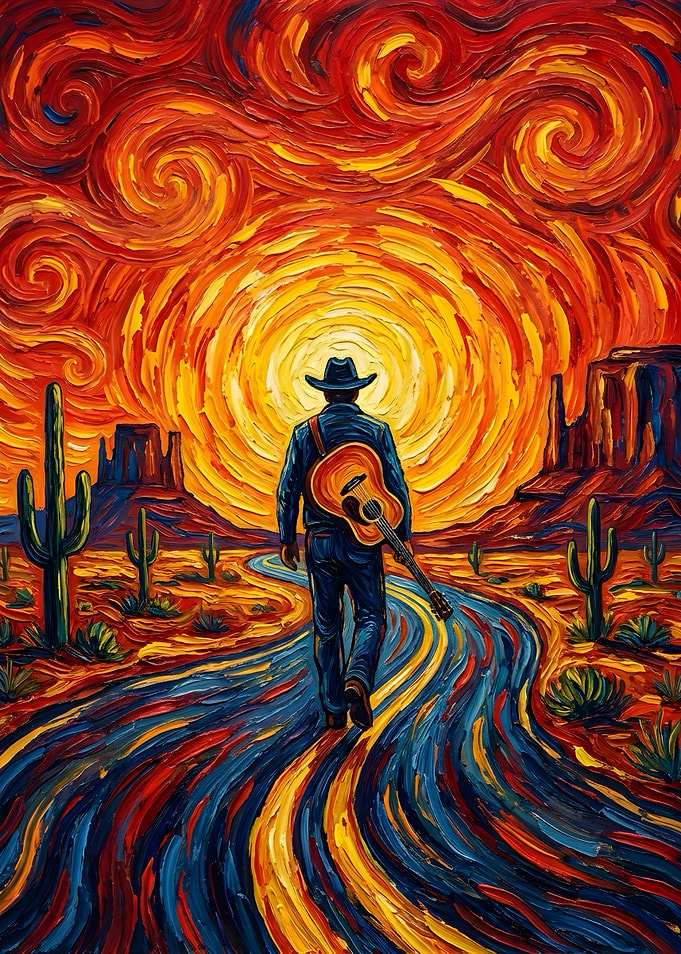 Cowboy Walking Into Desert Sunset