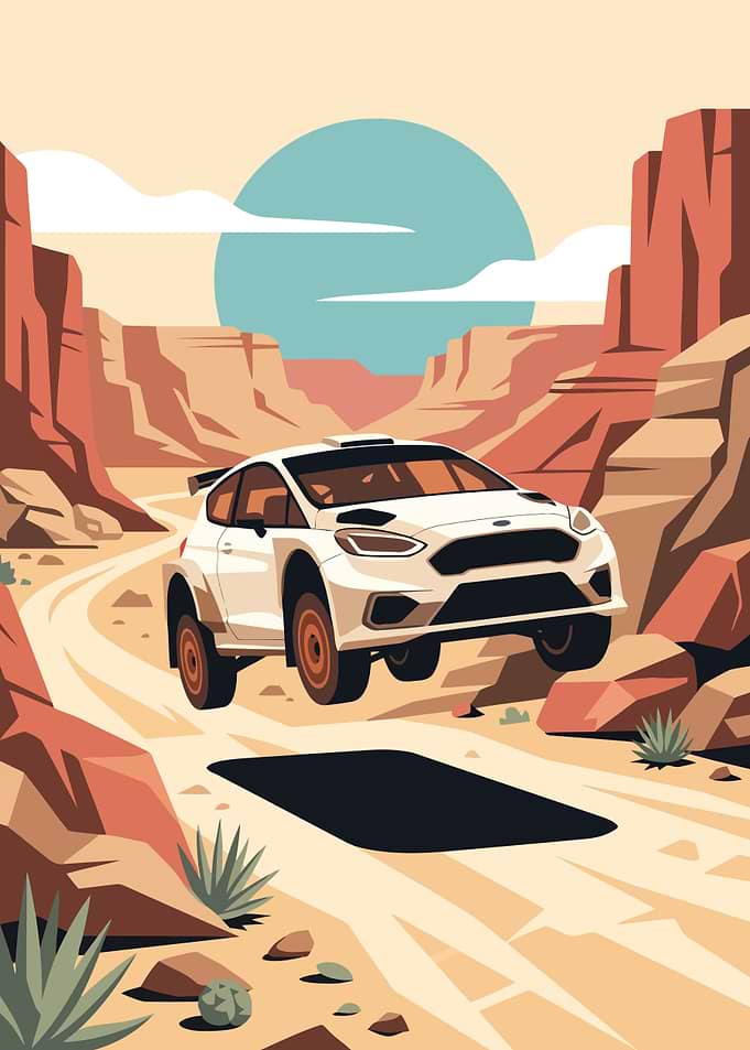 Rally Car Jumping Through Desert Canyon