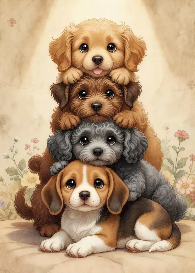 Stack of Four Adorable Puppies