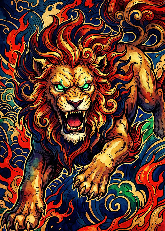 Fierce Japanese Style Lion Illustration