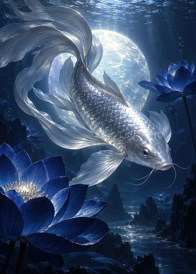 Ethereal Silver Koi and Blue Lotuses