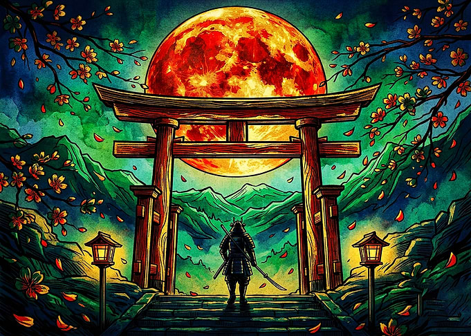 Samurai Standing Before Torii Gate