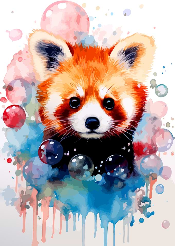 Watercolor Red Panda with Bubbles