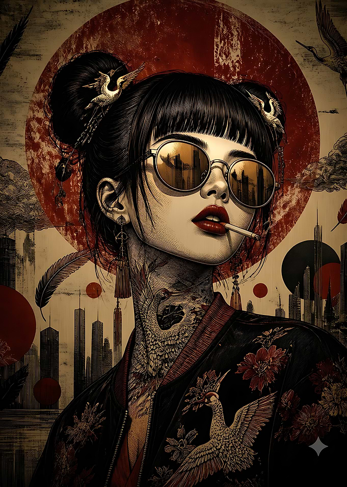 Stylish Woman with Japanese Crane Motifs