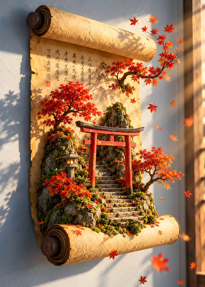3D Japanese Torii Gate Scroll Art