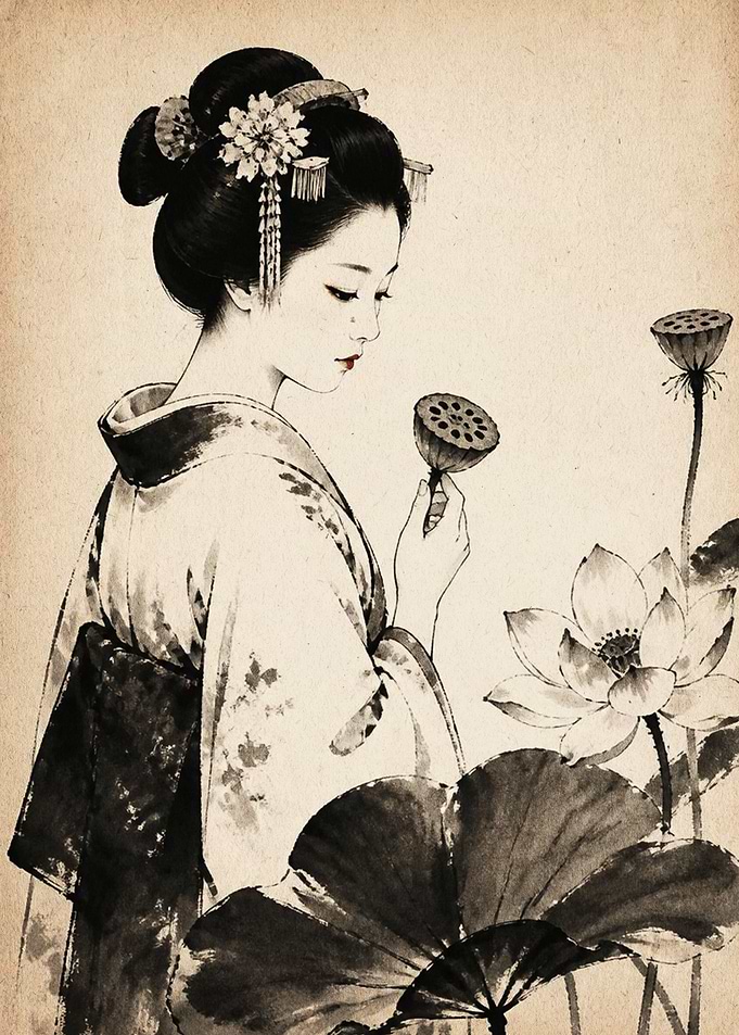 Geisha with Lotus Flowers Ink Painting