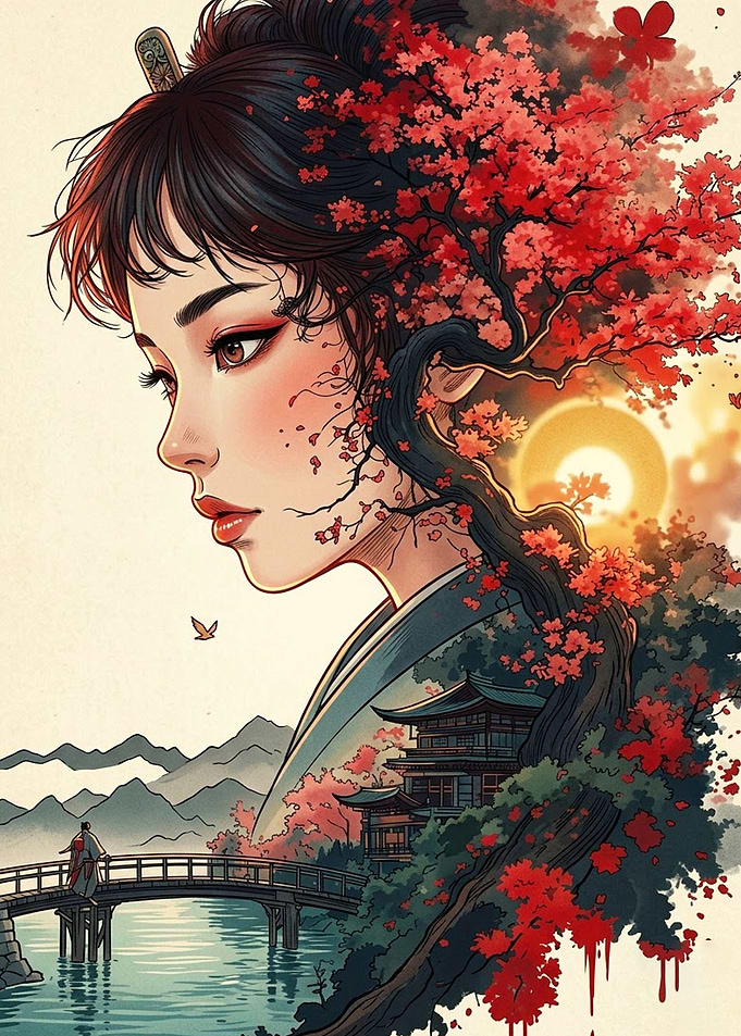 Ethereal Japanese Woman and Landscape