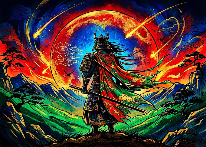 Samurai Standing Before Fiery Moon