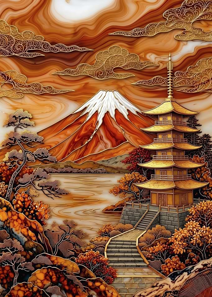 Golden Pagoda – Mount Fuji Radiance – Abstract Fantasy #1