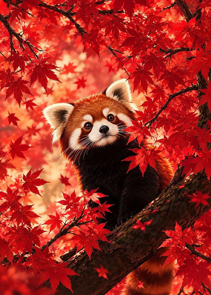 Red Panda in Autumn Maple Tree