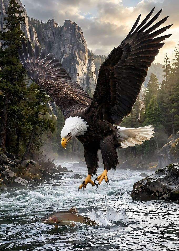 Bald Eagle Hunting Fish in River