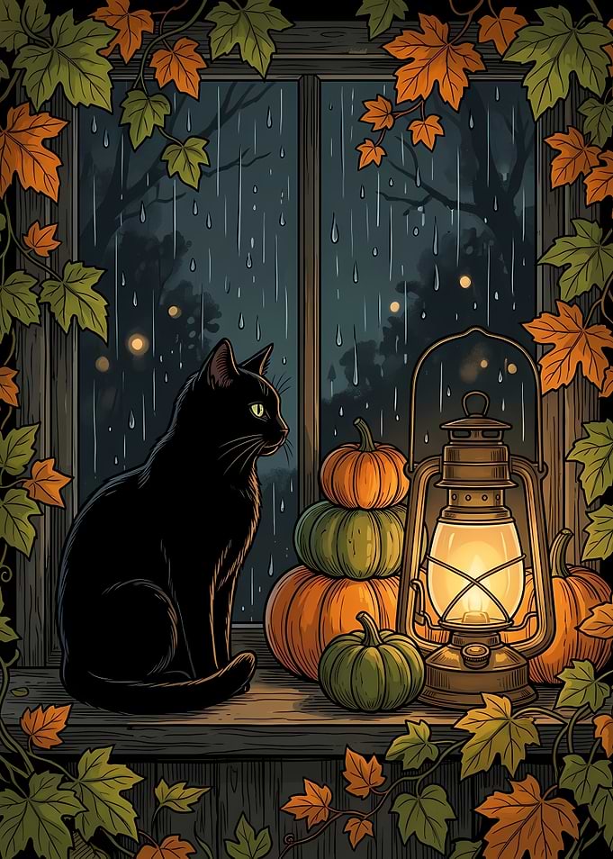 Black Cat by Rainy Autumn Window