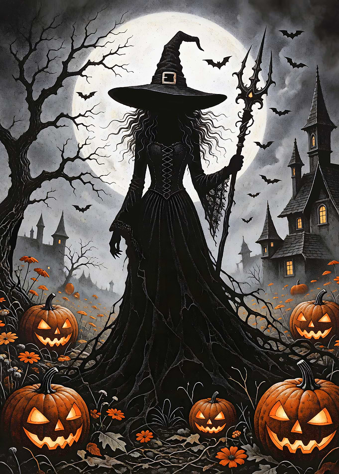 Dark Gothic Witch in Haunted Pumpkin Patch