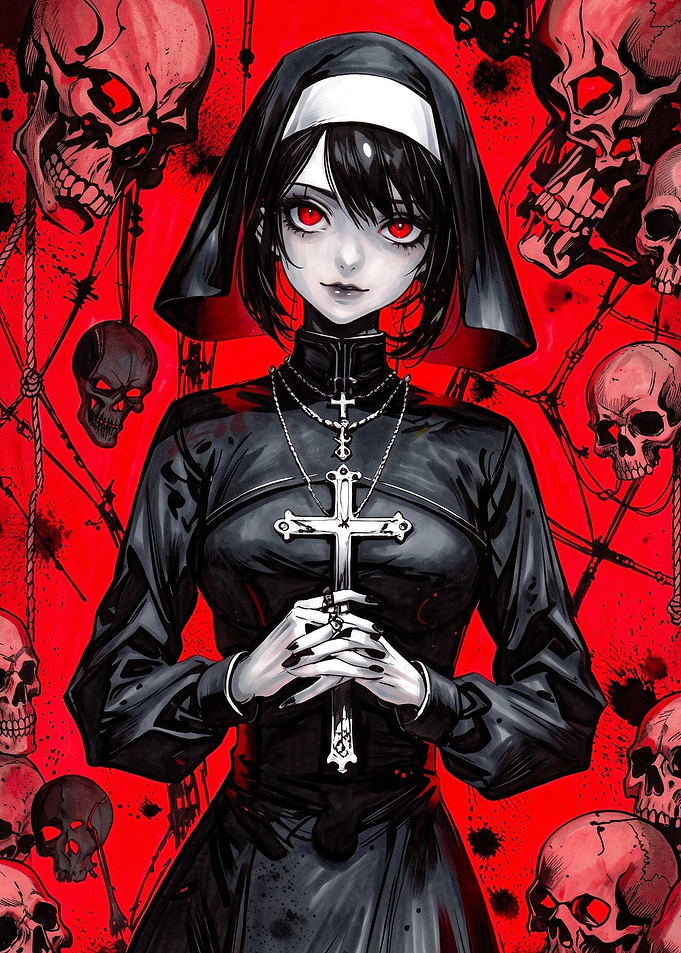 Gothic Anime Nun with Skulls
