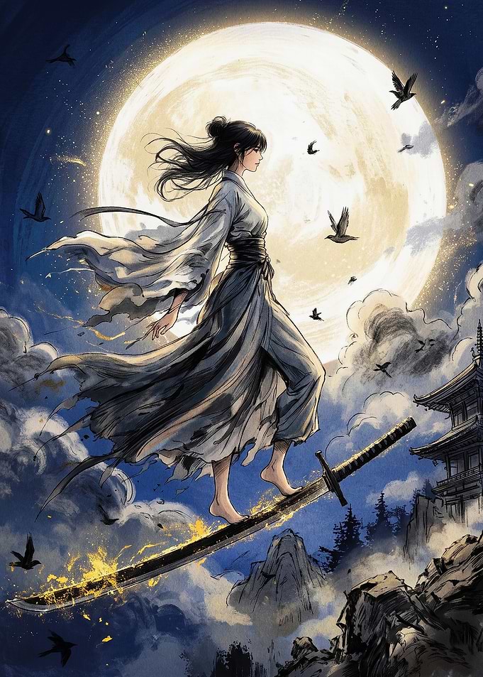 Warrior Woman Balancing on Floating Sword
