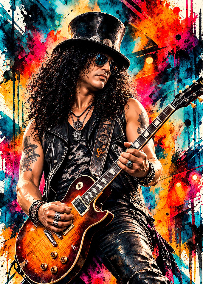 Slash Playing Electric Guitar Watercolor Portrait