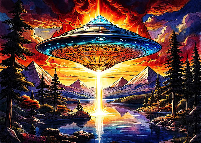 UFO Abduction Over Mountain Lake