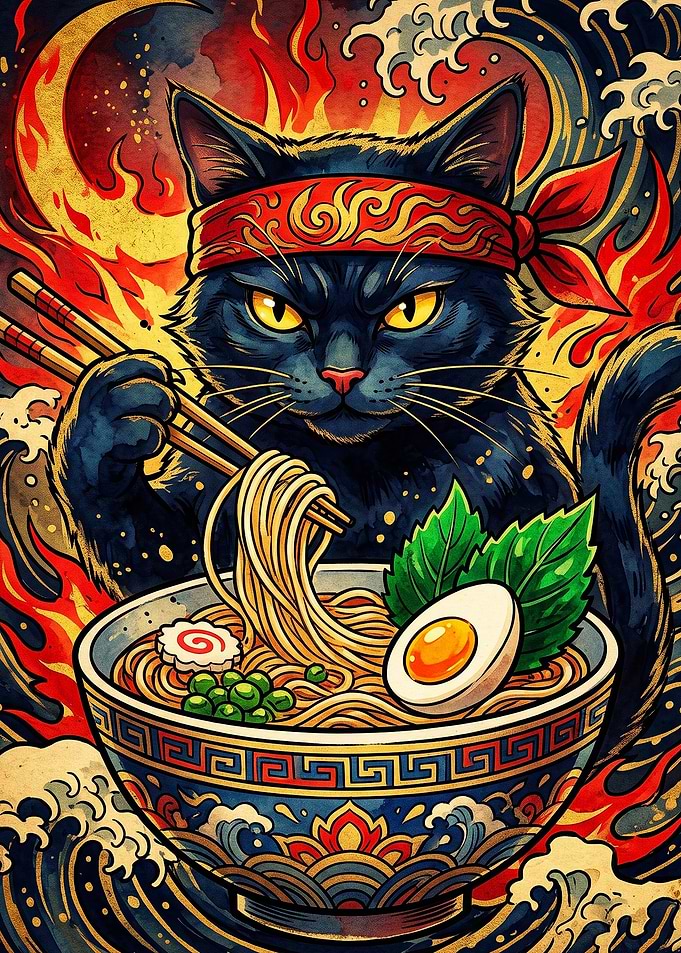 Black Cat Eating Ramen Illustration
