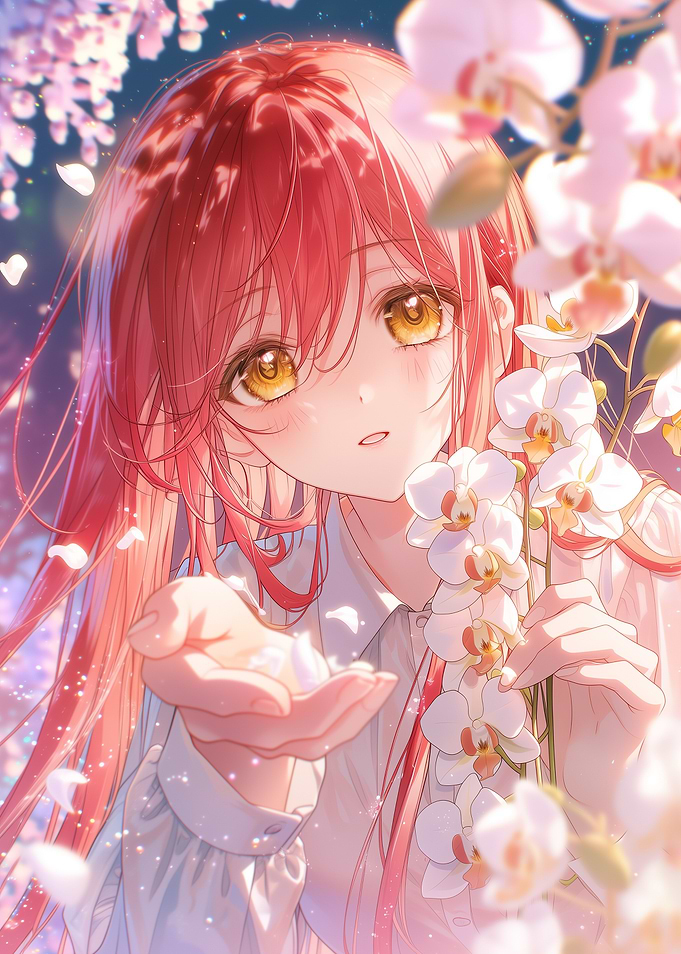 Anime Girl with White Orchids