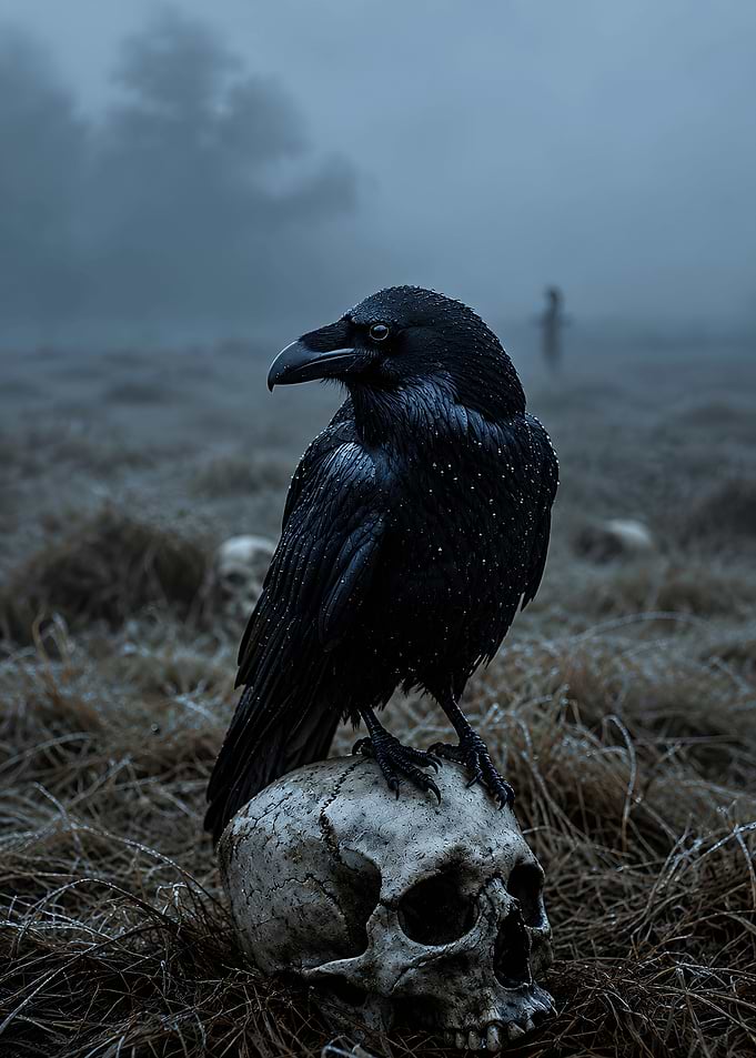 Raven Perched on a Human Skull
