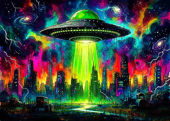 Psychedelic UFO Alien City Invasion