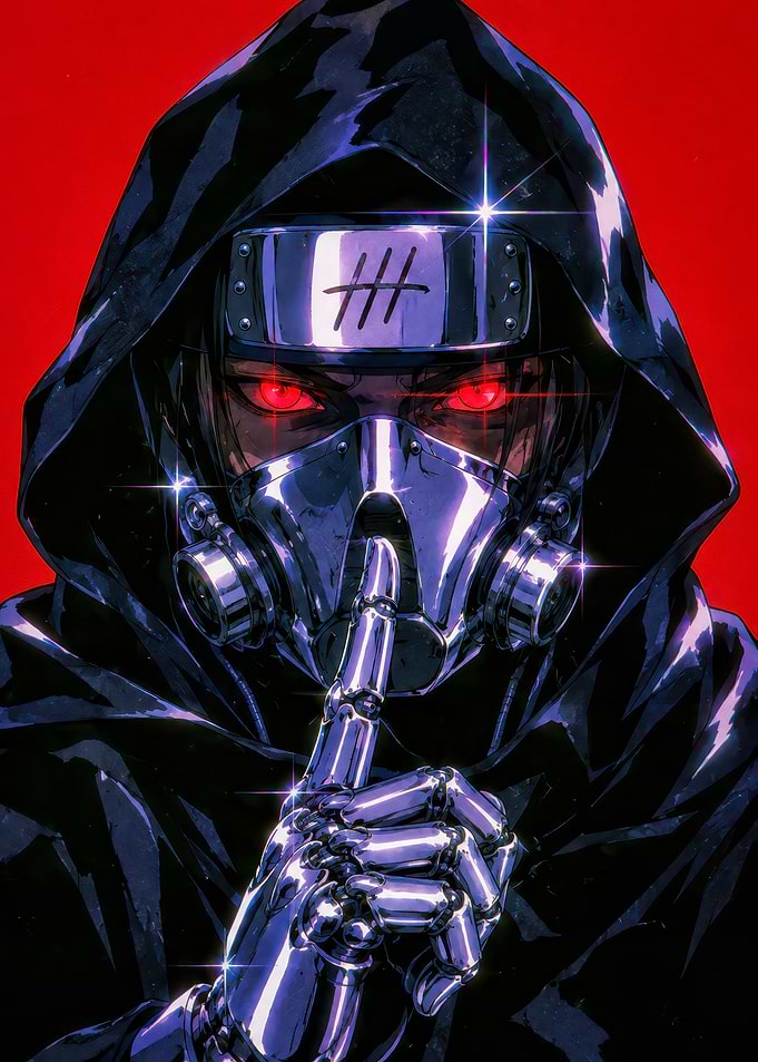 Cybernetic Ninja Shushing Against Red Background