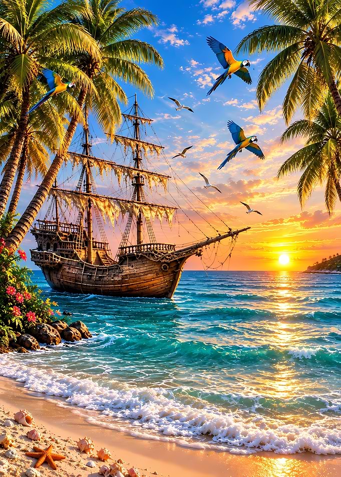 Tropical Pirate Ship Sunset Scene