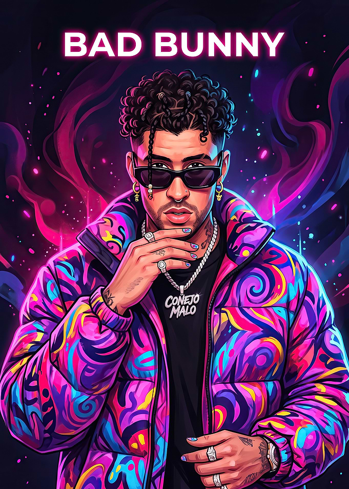 Bad Bunny Neon Portrait Poster