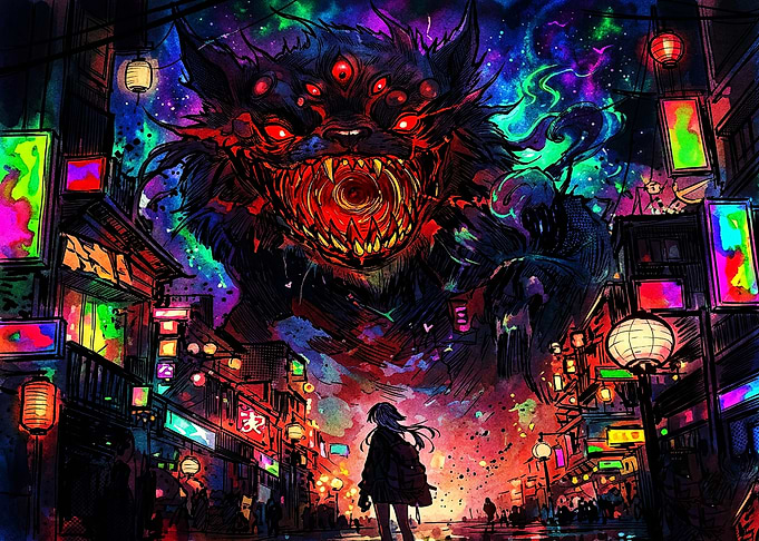 Girl Facing Cosmic Multi-Eyed Beast