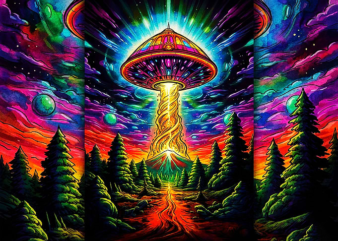 Psychedelic UFO Abduction Over Forest