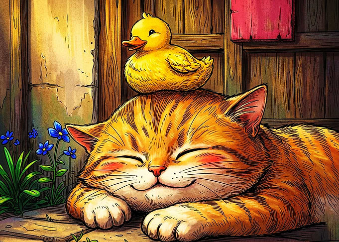 Sleeping Ginger Cat with Rubber Duck