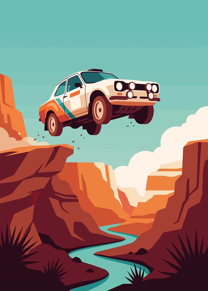 Rally Car Jumping Over Canyon