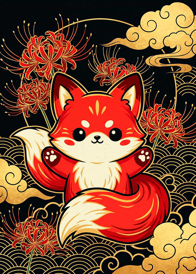 Cute Chibi Fox with Red Spider Lilies