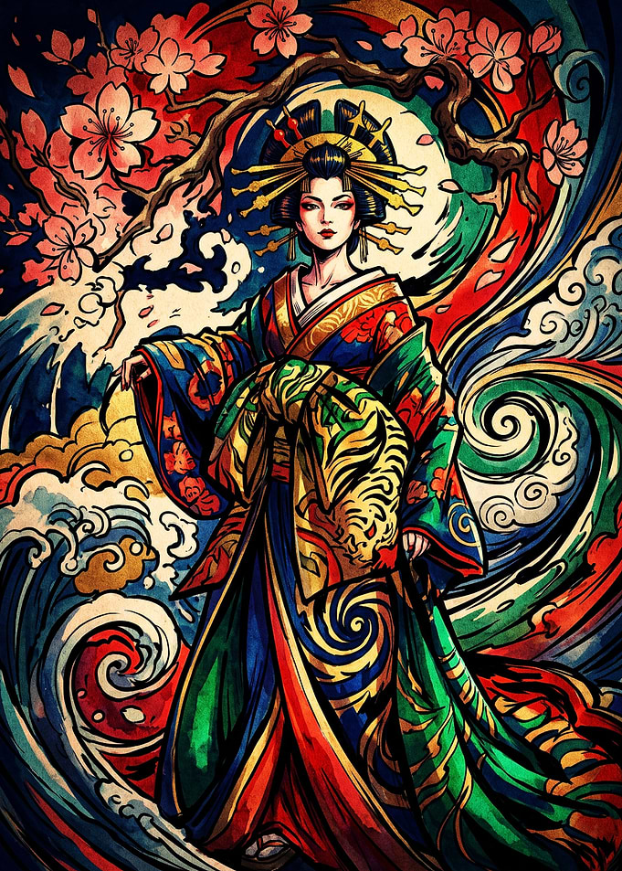 Vibrant Geisha Amidst Waves and Blossoms