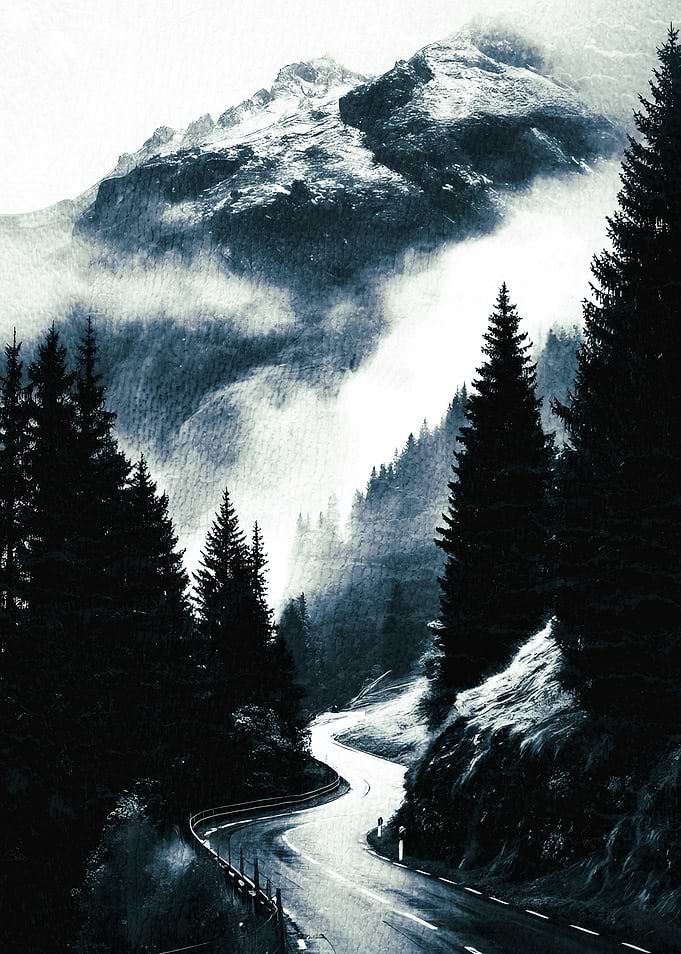 Winding Mountain Road Through Misty Forest