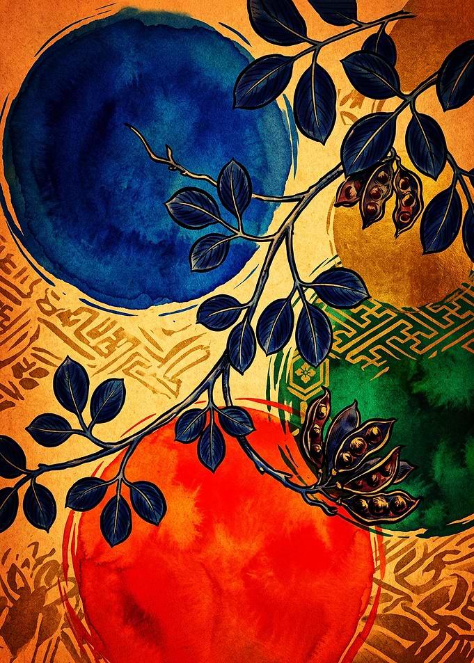 Abstract Botanical Art with Japanese Motifs