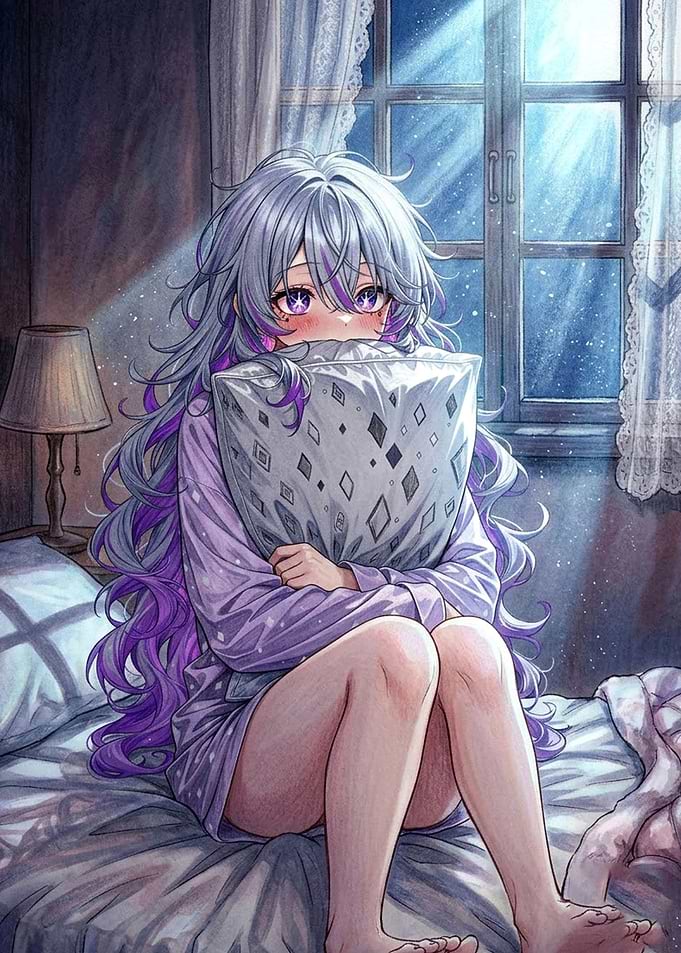 Anime Girl Hugging Pillow in Bedroom