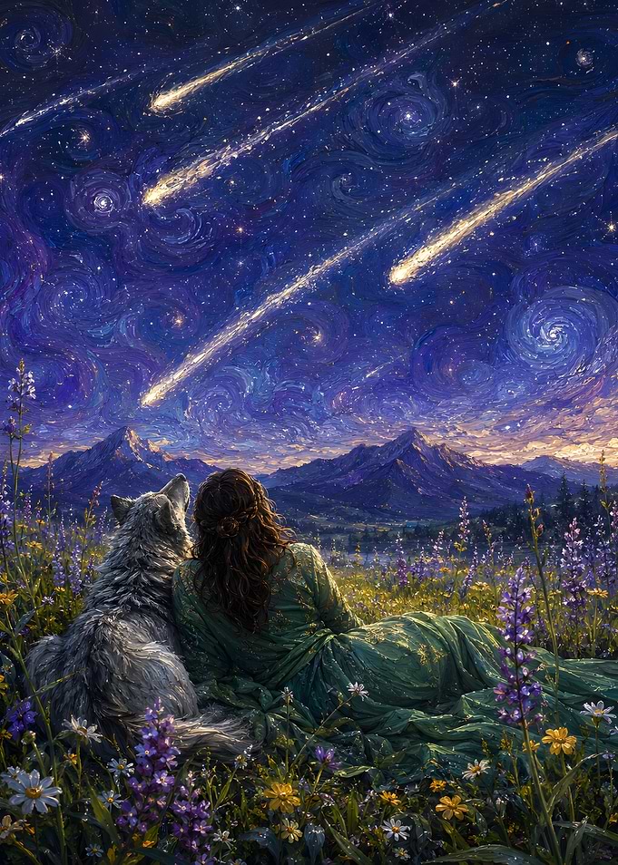 Woman and Wolf Watching Meteor Shower