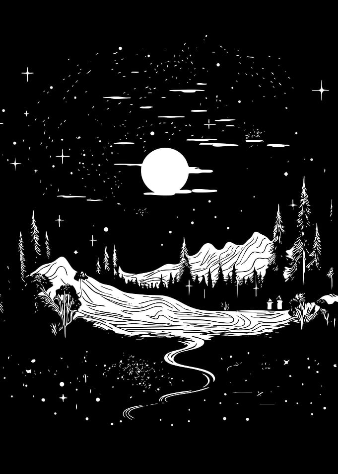 Black and White Moonlit Landscape