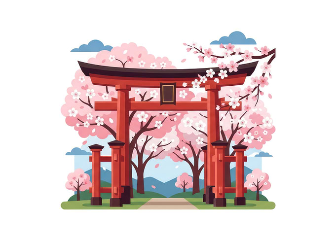 Japanese Torii Gate with Cherry Blossoms