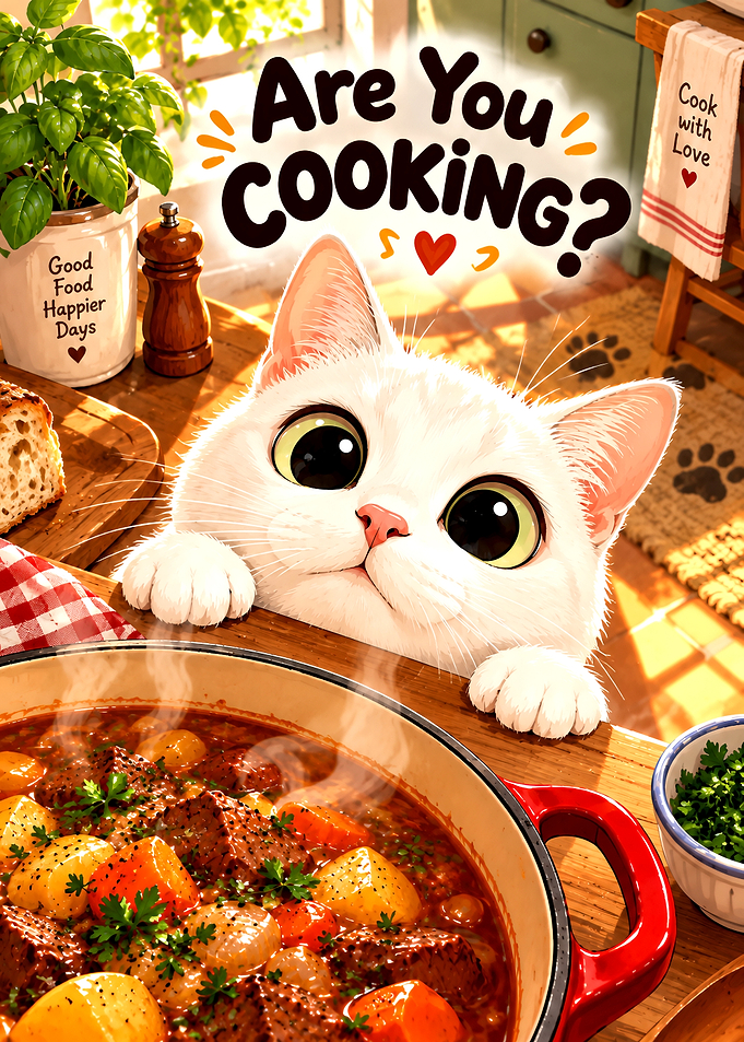Cute Cat Watching Cooking Pot