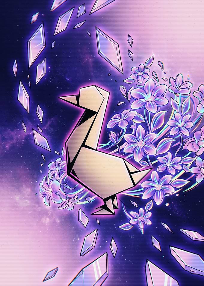 Origami Duck with Cosmic Flowers